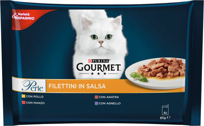 Gourmet Perle Filettini in Salsa Multipack 4 Pezzi - Manzo, Pollo, Agnello, Anatra