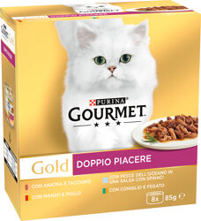 Gourmet Gold Multipack 8 Pezzi - Doppio Piacere Manzo Pollo, Coniglio Fegato, Pesce Bianco , Anatra Tacchino