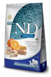 N&D OCEAN Dog Adult Merluzzo, Farro, Avena e Arancia - Medium Maxi - 2.5kg