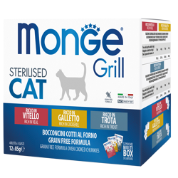 Monge Cat Grill Sterilizzato Multipack 12 pezzi – Galletto con Trota e Vitello – 85 g