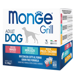 Monge Dog Grill Multipack 12 pezzi – Pollo con Tacchino, Manzo e Merluzzo - 100 g