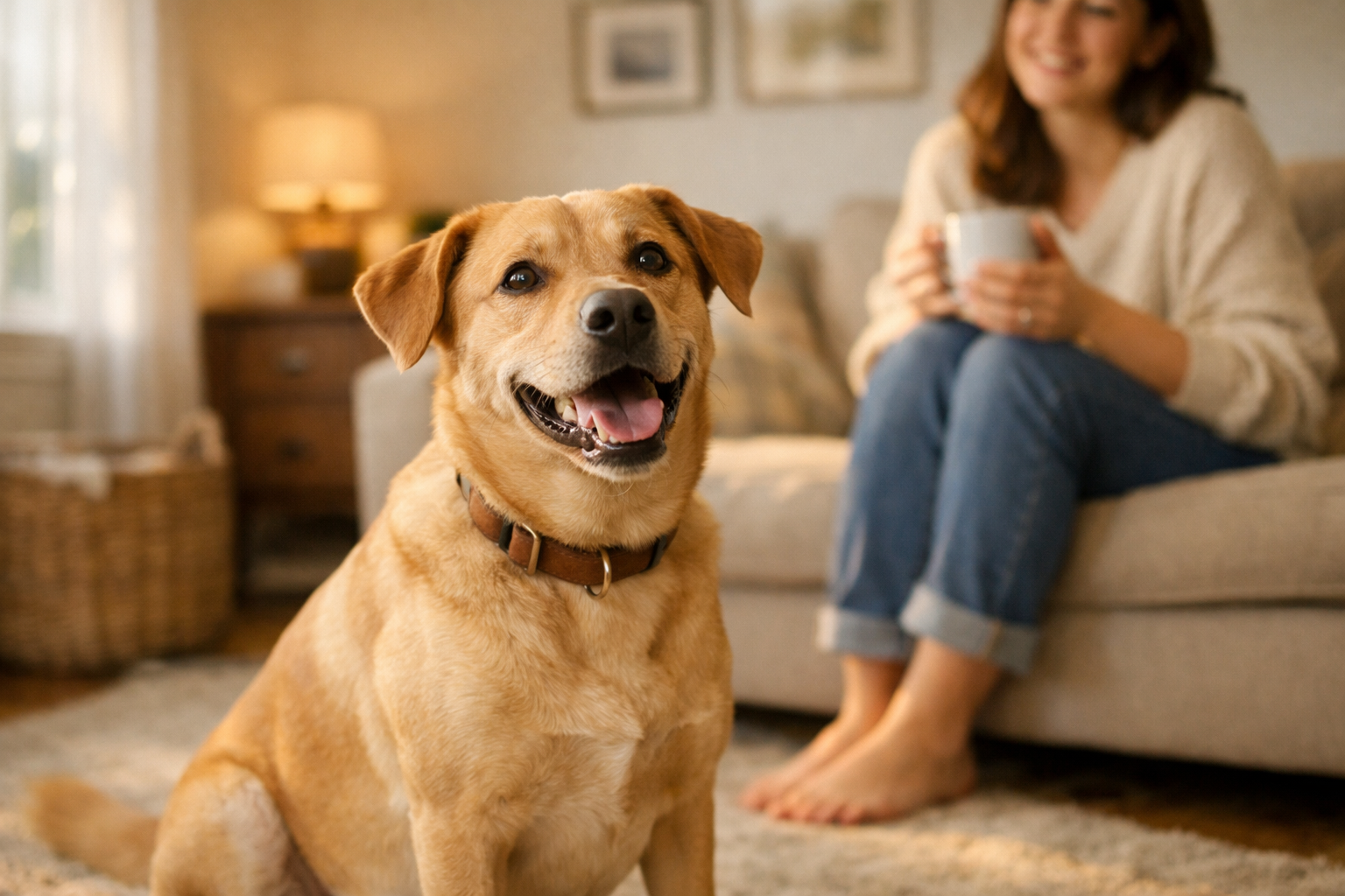 Cane felice che riceve attenzioni in cucina mentre si somministra un integratore