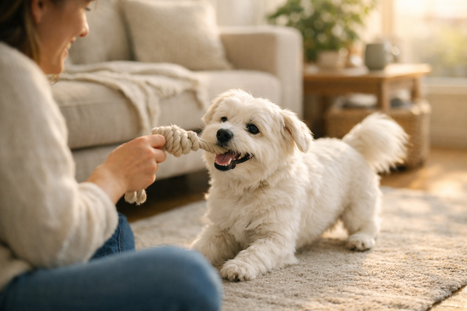 Cane giocoso con il suo proprietario in giardino