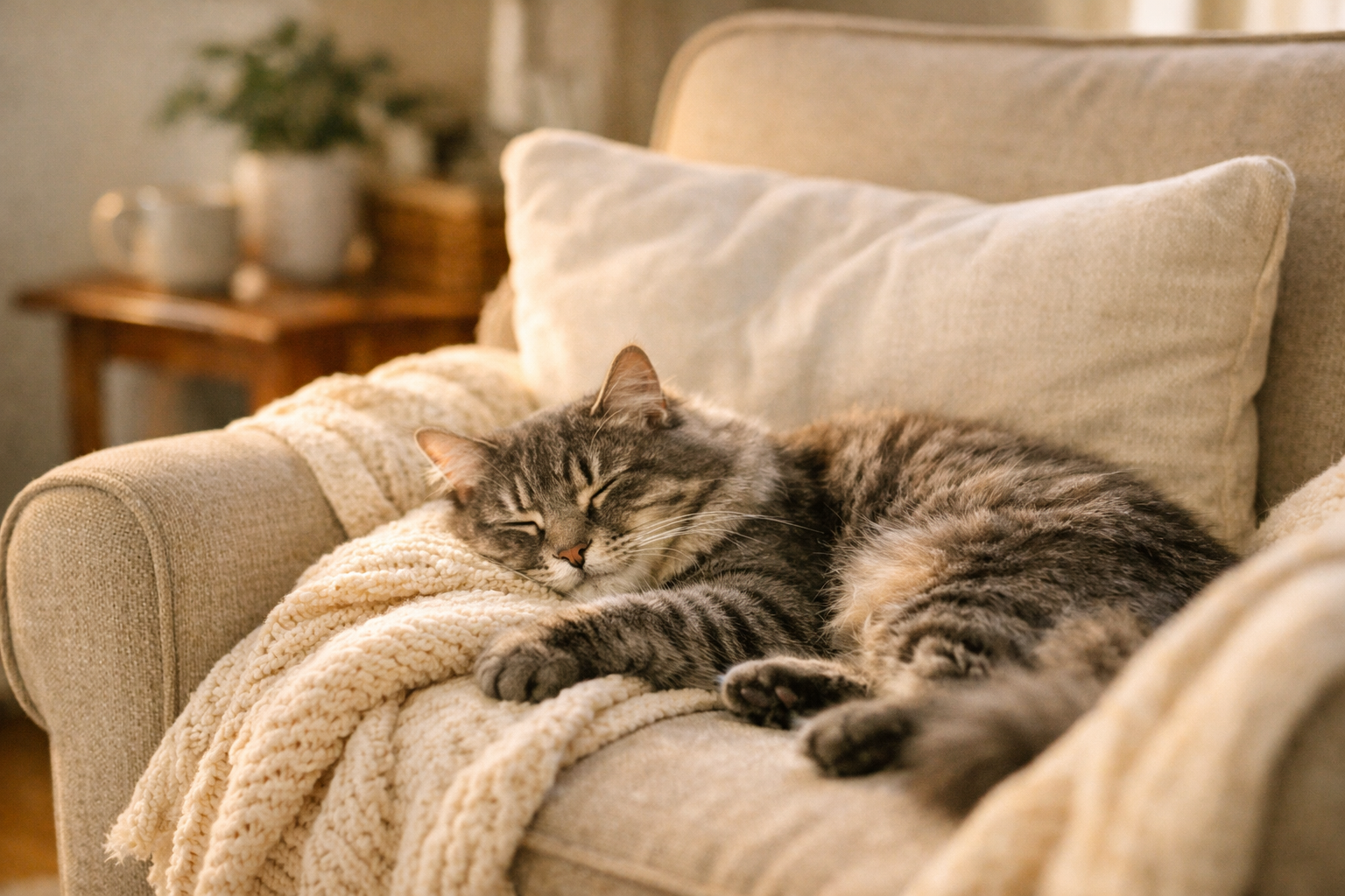 Gatto rilassato su un poltrona, godendosi un momento di calma