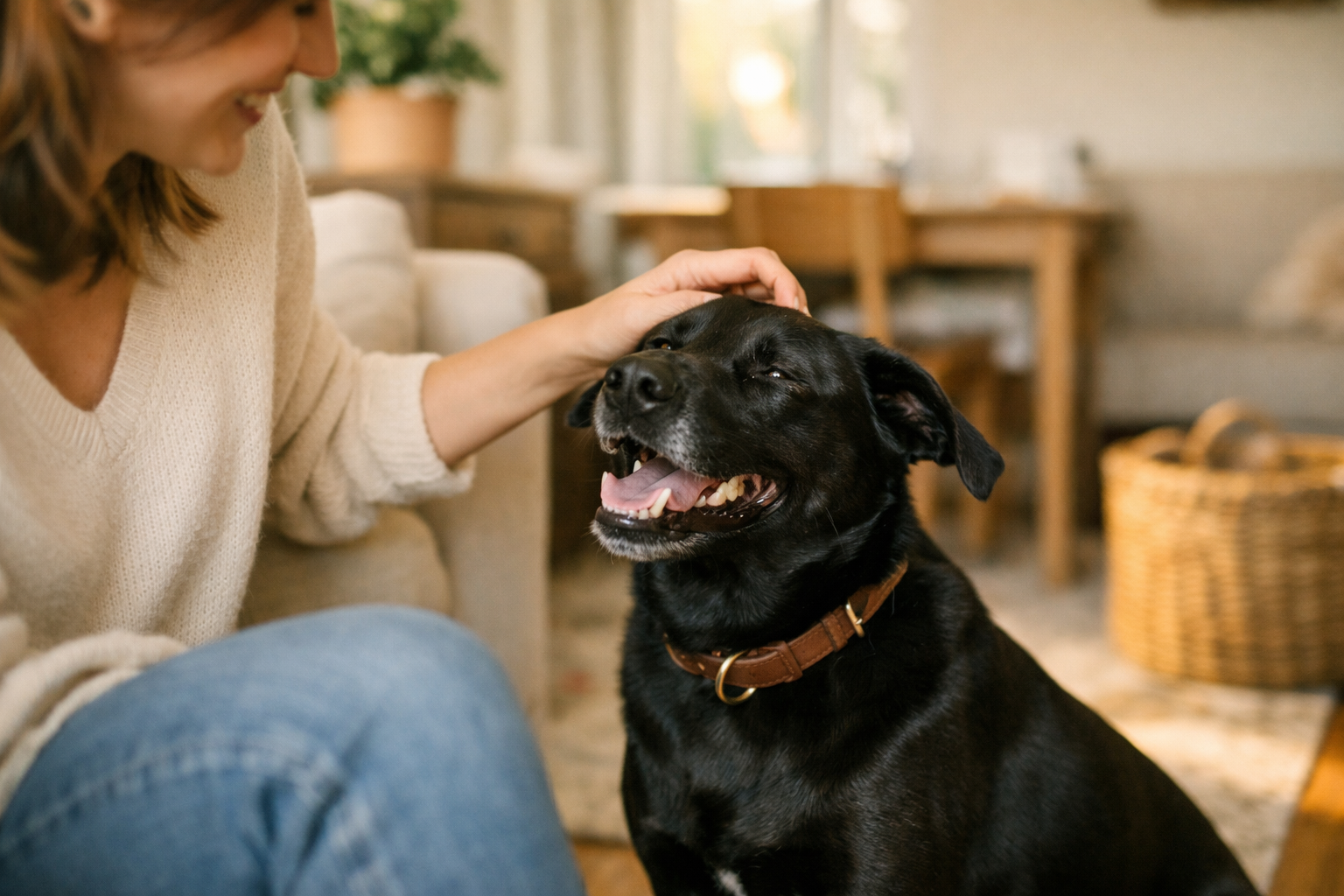 Cane felice in soggiorno dopo trattamento antiparassitario