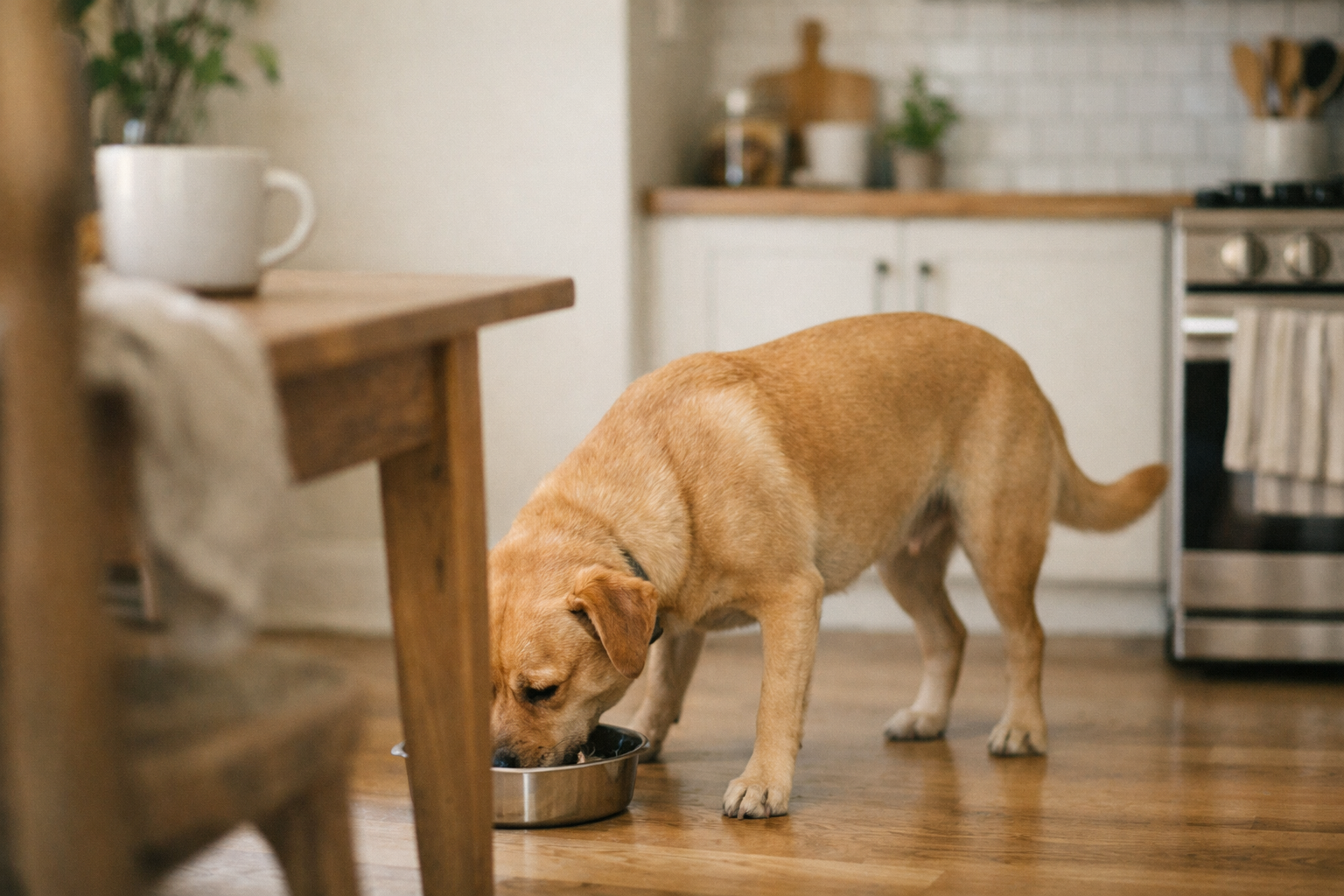 Cane felice mentre mangia Forza10 Diabetic in cucina