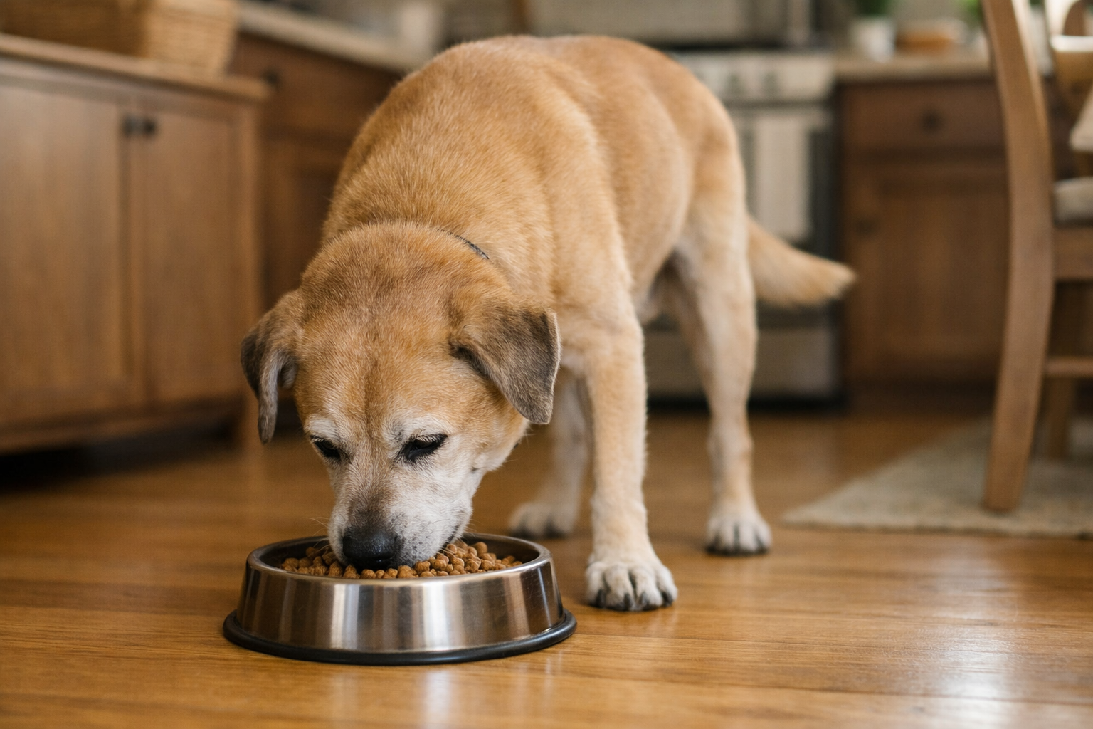 Cane anziano felice che mangia cibo secco N&D in un ambiente accogliente