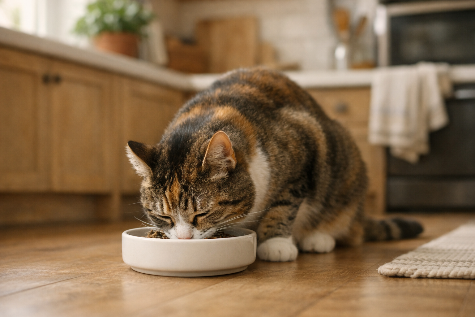 Gatto felice mentre mangia da una ciotola in cucina
