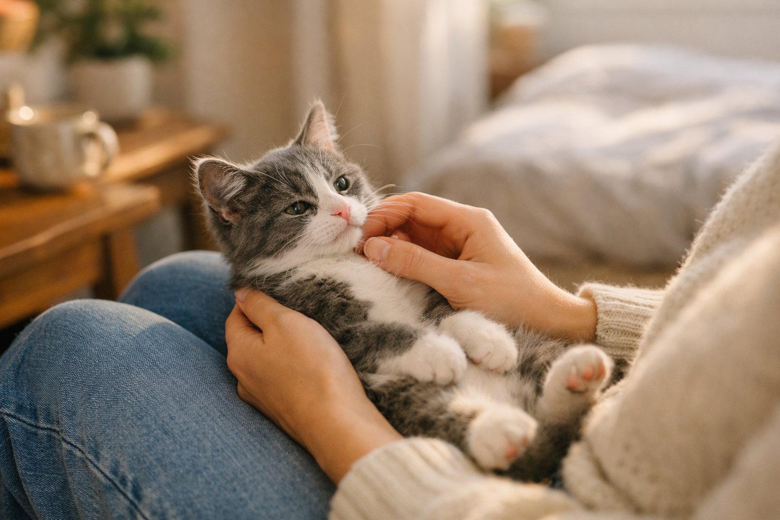 Gatto felice che mangia alimenti umidi N&D in cucina