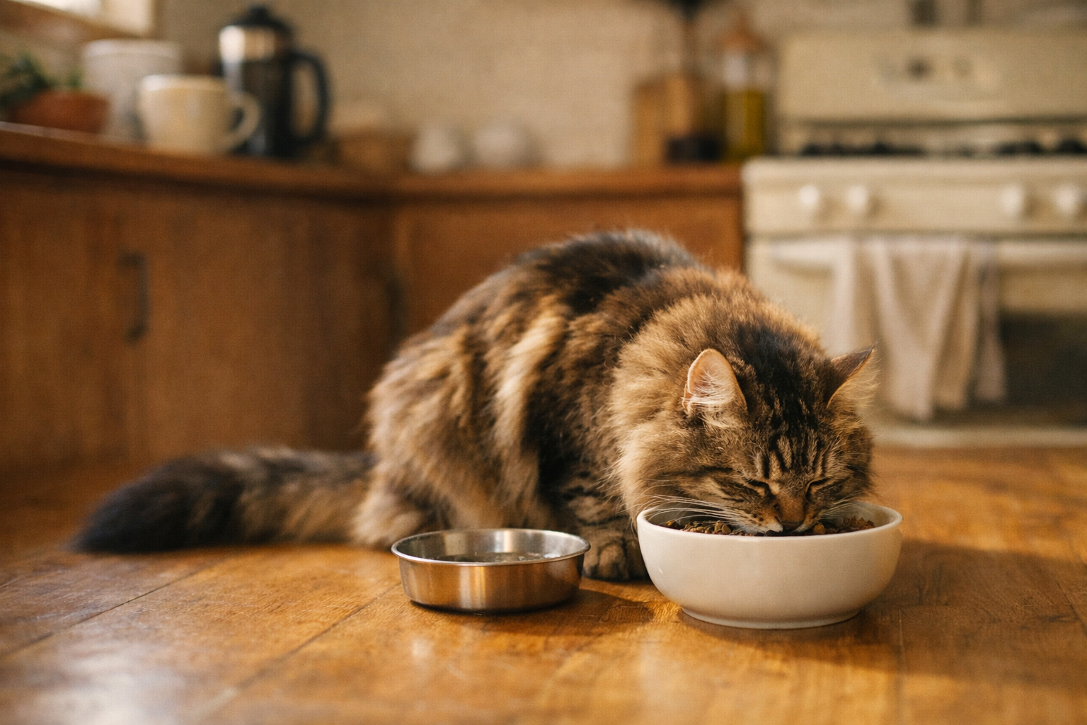 Gatto felice mentre mangia cibo umido N&D