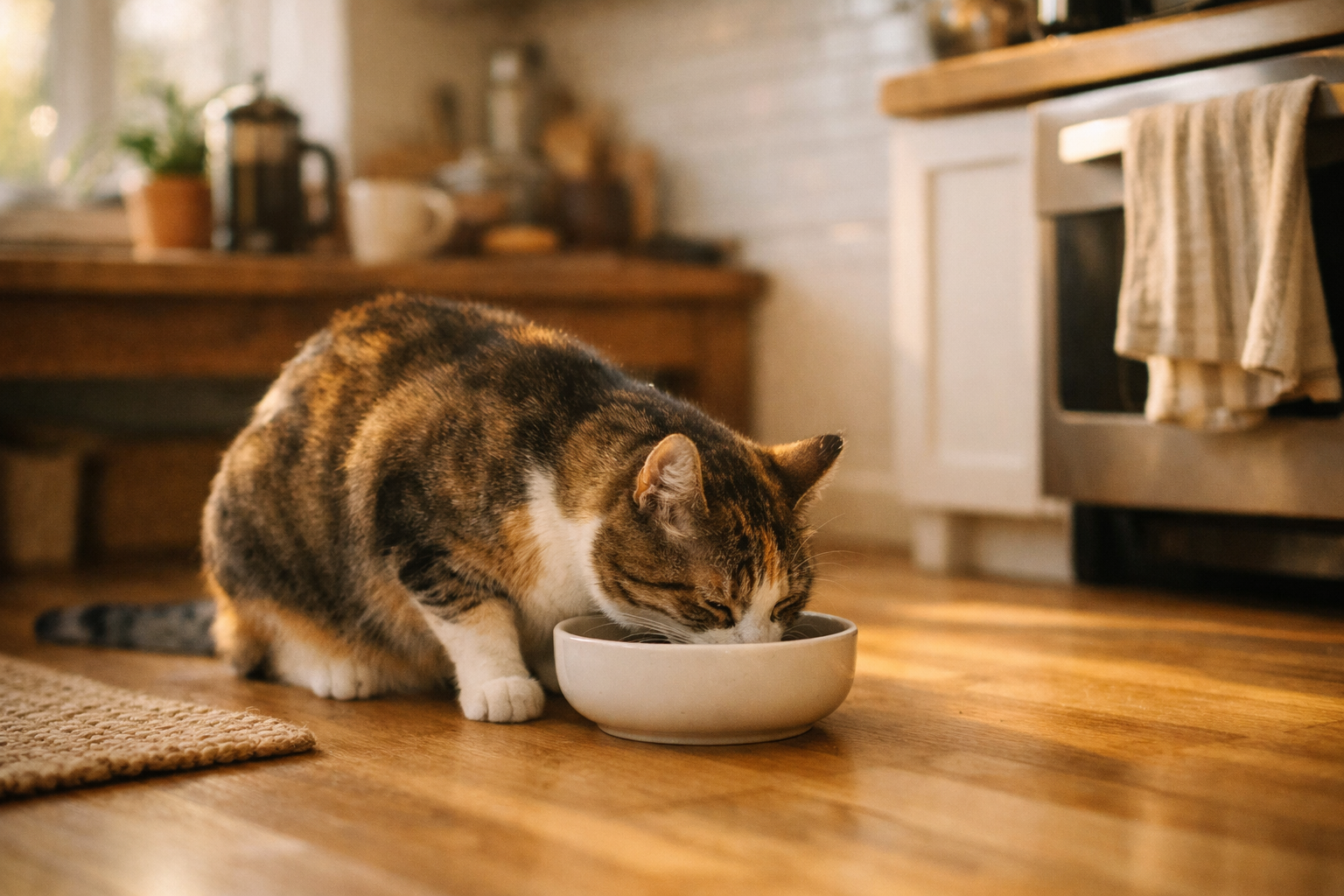 Gatto felice mentre mangia N&D Cat Tropical Selection in cucina