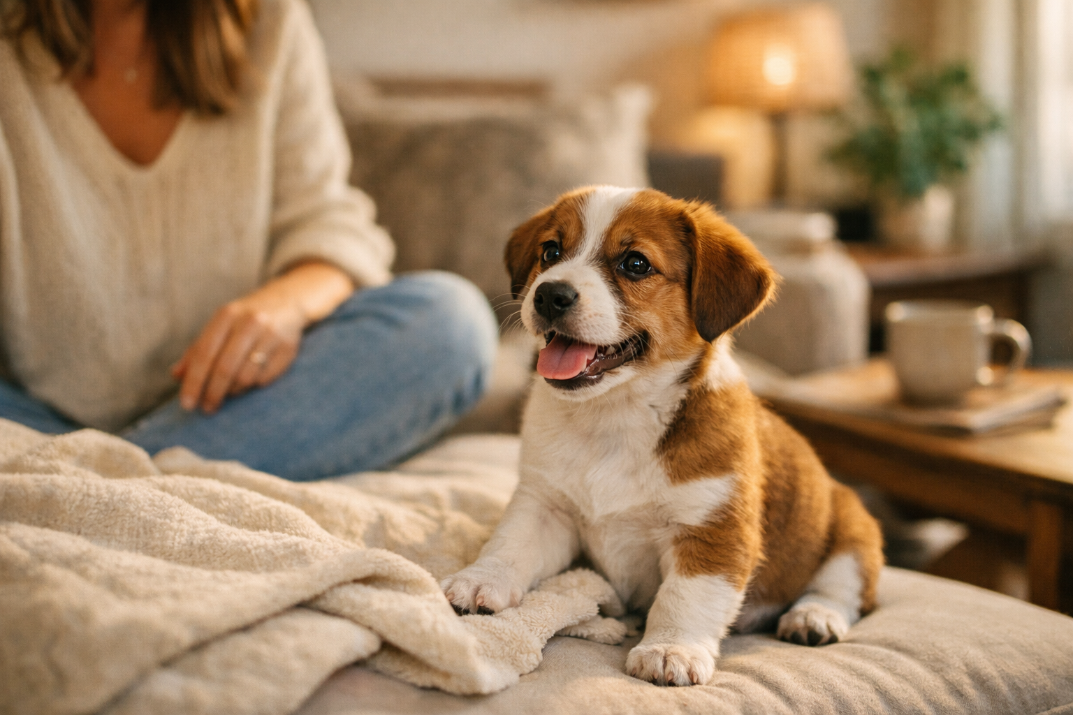 Cane cucciolo giocare contento in soggiorno