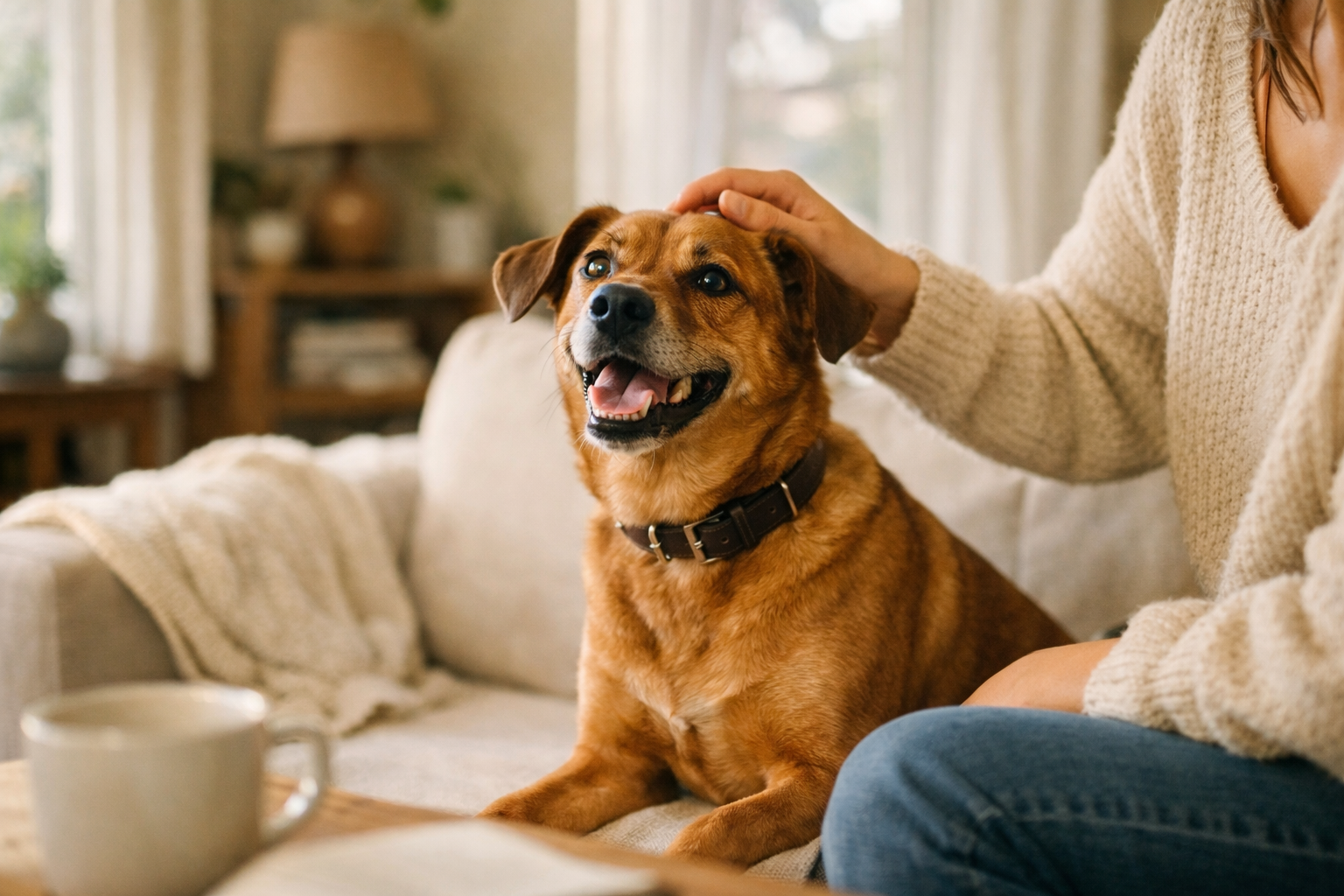 Cane felice mentre mangia il cibo hypoallergenic in cucina