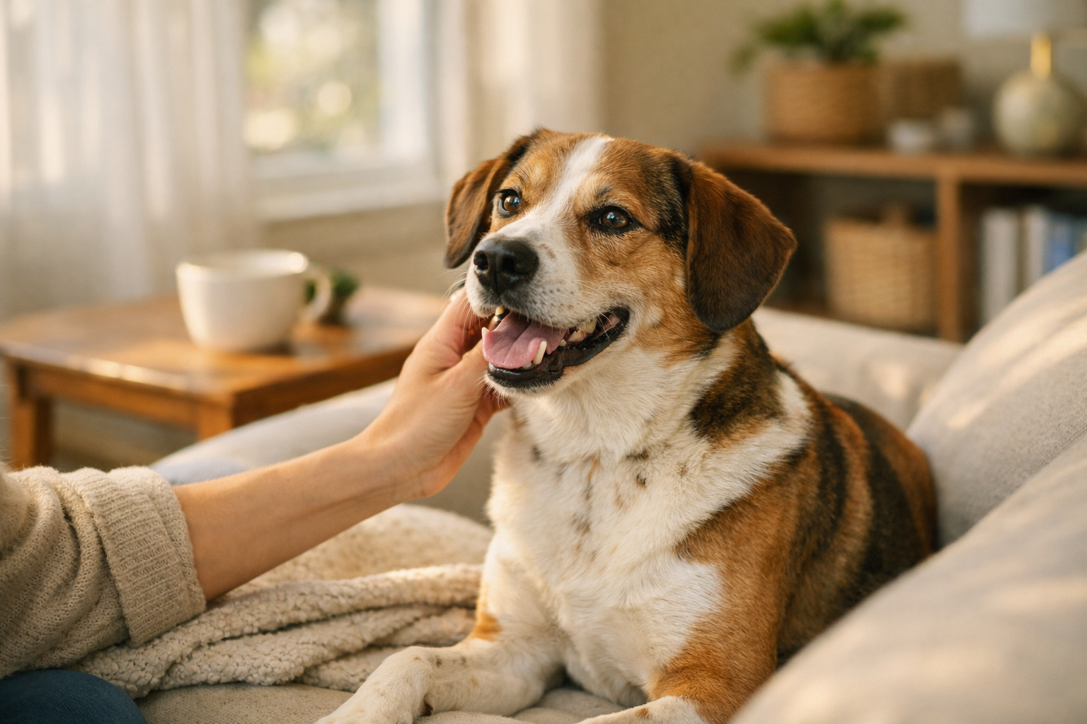 Cane felice che mangia crocchette in cucina