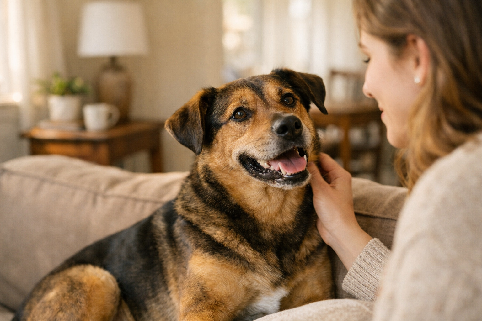Cane felice mentre mangia Mobility Adult Maiale e Riso in un ambiente domestico accogliente