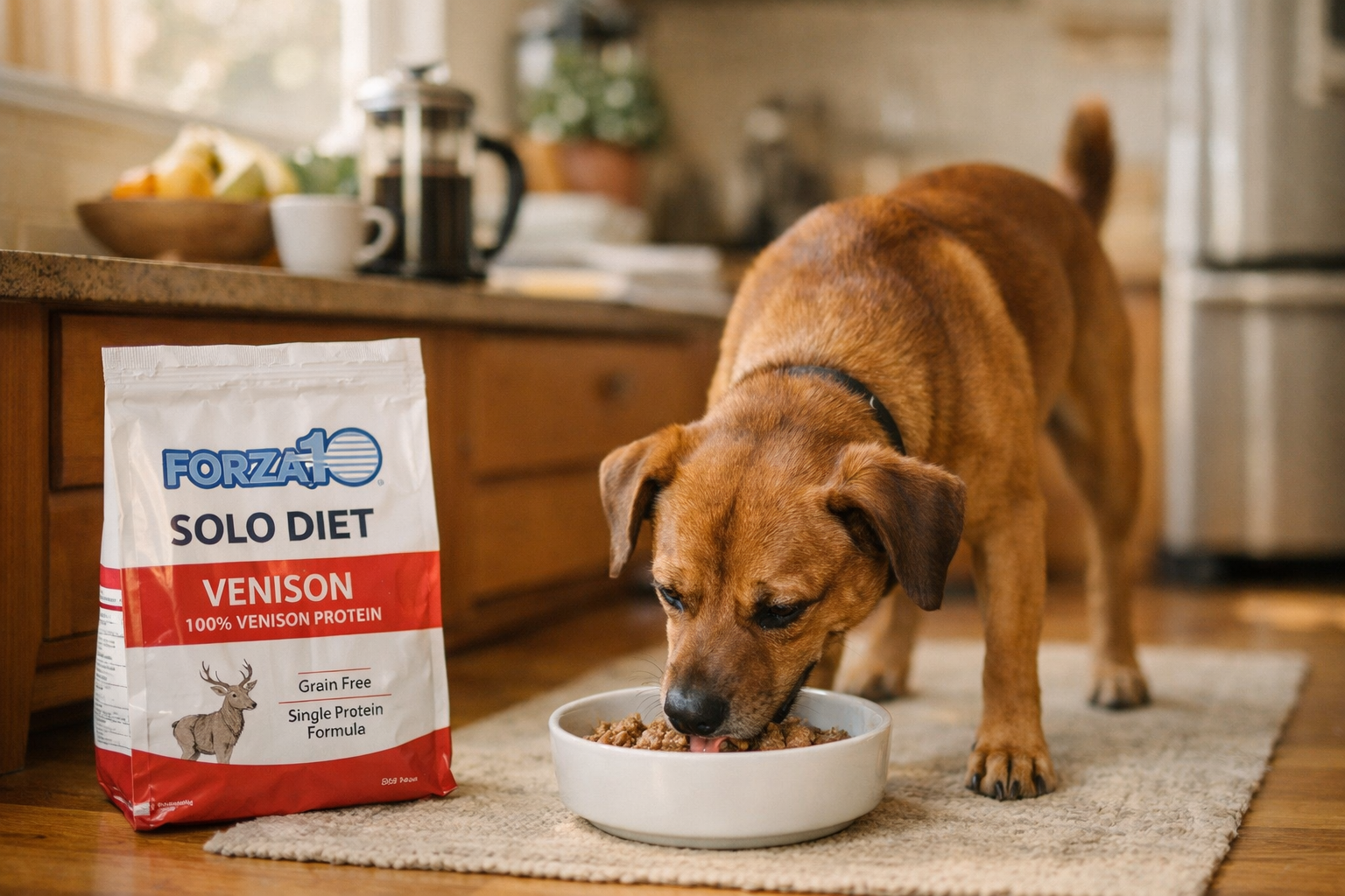 Cane felice che mangia Forza10 Solo Diet al Cervo in cucina