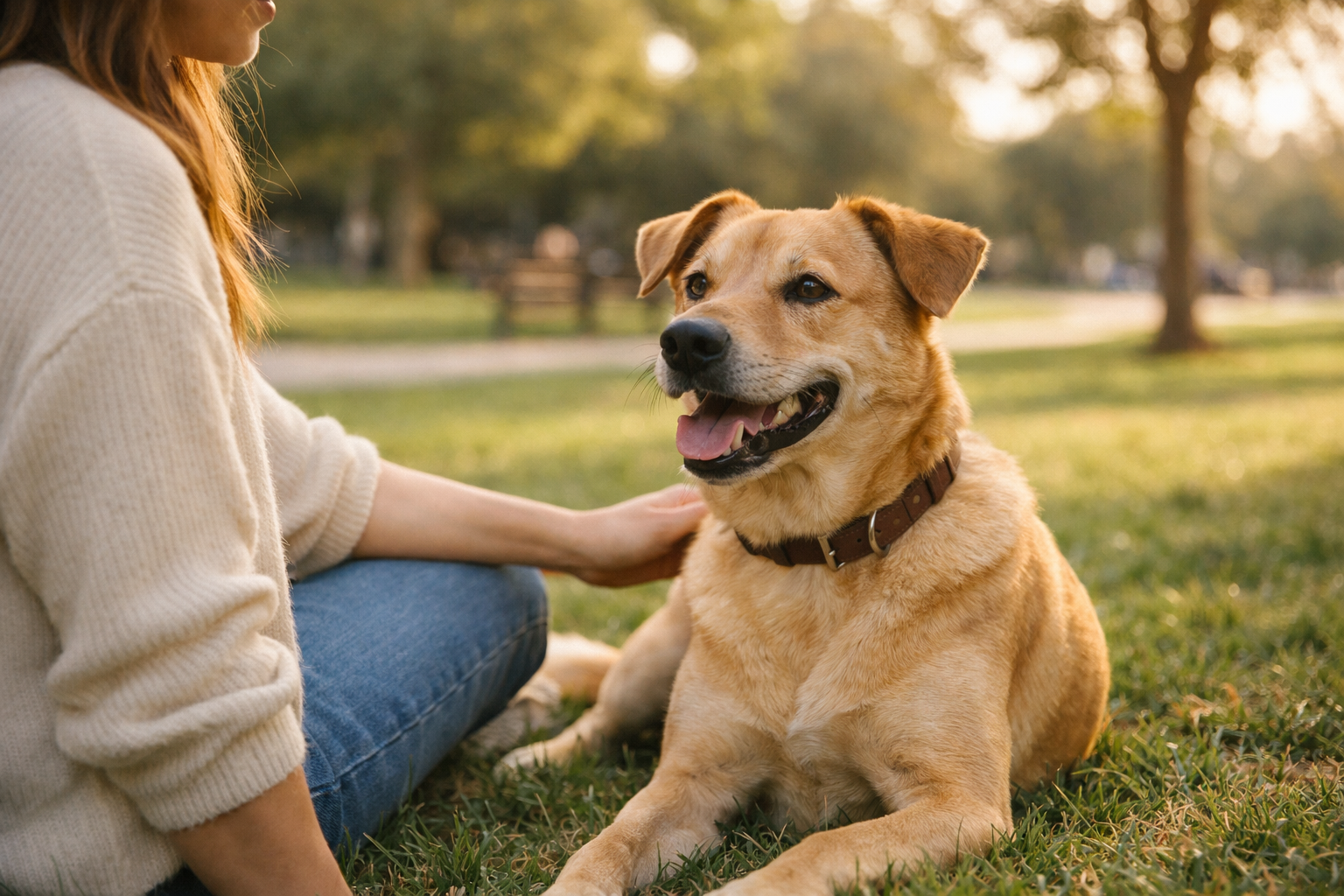 Cane rilassato e felice, momento di gioco felice con il proprietario
