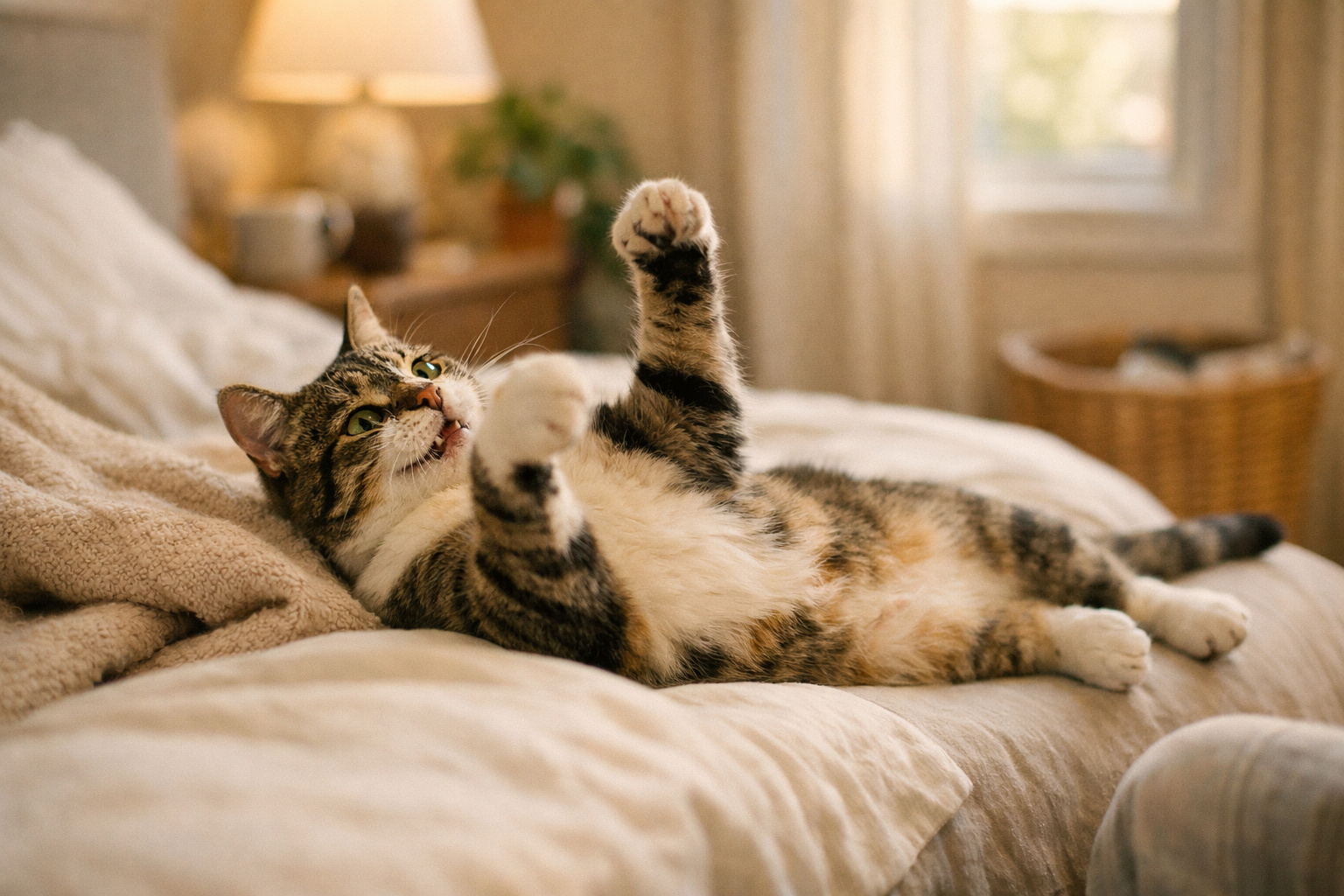 Gatto felice che mangia cibo secco in cucina