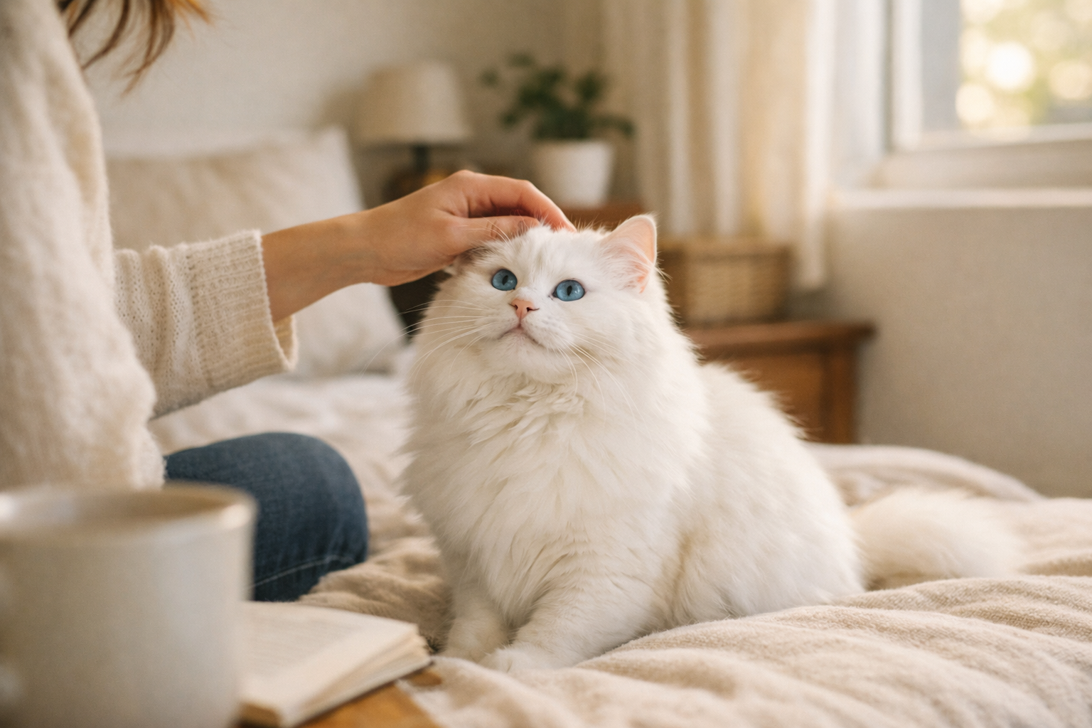 Gatto felice mentre mangia Hill's Prescription Diet c/d Multicare Stress in un ambiente accogliente