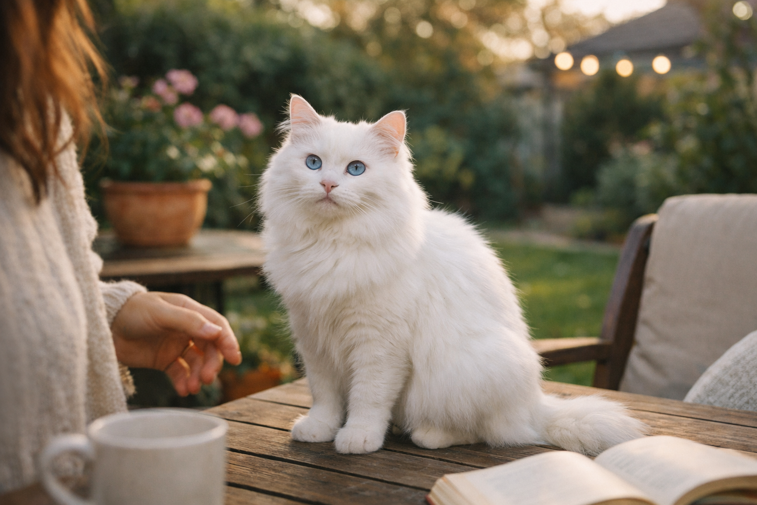 Gatto sereno in un giardino curato dopo aver mangiato Hill's Prescription Diet c/d Multicare Stress