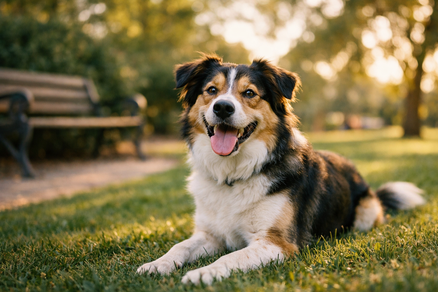 Momento sereno di un cane adulto nel giardino di casa mentre gioca