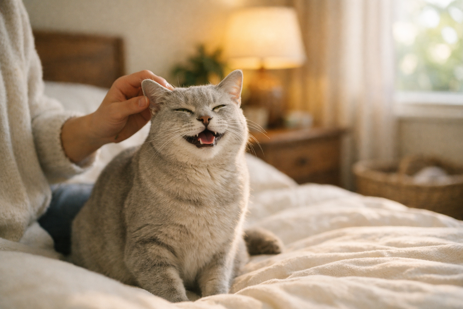 Gatto sereno che riceve affetto in un ambiente accogliente